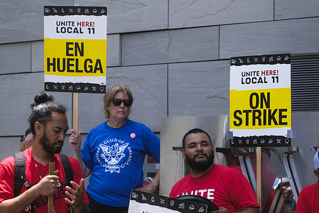 A member of the The Writers Guild of America (WGA) wearing a blue shirt, holding a placard supports the striking hotel workers outside JW Marriott Los Angeles. Southern California hotel workers are ON STRIKE! Thousands walked off the job at properties across Downtown Los Angeles and Santa Monica, in an effort to secure higher pay and improvements in health care and retirement benefits.