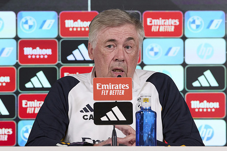Carlo Ancelotti, the head coach of Real Madrid CF, attends a press conference on the eve of the 2023/2024 La Liga EA Sports week 36 football match between Real Madrid CF and Deportivo Alaves at Real Madrid CF training ground.