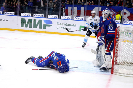 SKA Hockey Club player, Alexander Nikishin (No.21) and Dmitry Nikolayev (No.70) seen in action during the Kontinental Hockey League, Gagarin Cup, 1/4 finals of the Western Conference season KHL 2022 - 2023 between SKA Saint Petersburg and Dinamo Minsk at the Ice Sports Palace.
(Final score; SKA Saint Petersburg 5:2 Dinamo Minsk)
