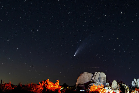 Comet NEOWISE or C/2020 F3 is seen in the sky above Joshua Tree National Park in California.