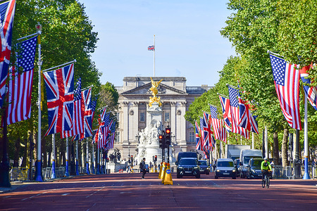 American flags and Union Jacks flags decorate The Mall leading to Buckingham Palace ahead of the state visit by Donald Trump.