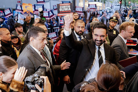 Zohran Mamdani, Democratic candidate for Mayor of New York City, greets his supporters outside of WNBC Studios at 30 Rockefeller Plaza in New York City. Democratic candidate Zohran Mamdani, Republican Candidate Curtis Sliwa, and Independent Candidate Andrew Cuomo will participate in two debates ahead of the November 4th election.