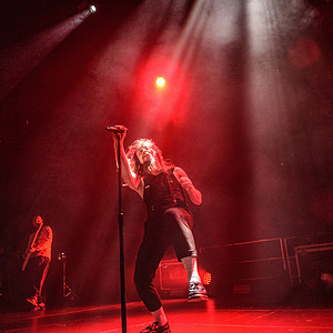 Egor Shkutko of the Belarusian band Molchat Doma performs live on stage during a concert at Compensa concert hall in Vilnius.