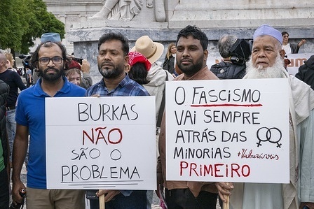 Protesters hold placards expressing their opinion at Rossio Square during the demonstration. Several collectives have called for a demonstration in rejection of the new Portuguese government regulation prohibiting women from wearing burqas in public spaces. With the slogan “We are not afraid!”, the organizers defend freedom of choice and condemn the advance of far-right policies. Demonstrations also seek to highlight social problems such as poor wages, homelessness, and growing inequality, calling for a free, equal, and fearless society.