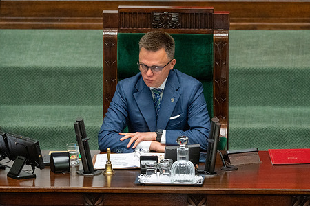 Szymon Holownia, Marshal of the Sejm of the, Republic of Poland seen during day of parliamentary session. During the 36th session of the Polish Sejm, Prime Minister Donald Tusk outlines his government’s program in a policy address, followed by a parliamentary debate ahead of the vote of confidence in his administration.