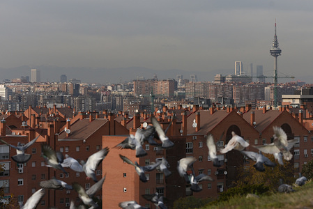A general view through smog of Madrid skyline, where air pollution reaching dangerous levels for human health by the very high concentration of nitrogen dioxide.