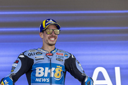 Number 73 BK8 Gresini Racing MotoGP rider Alex Marquez celebrates winning the race at the 2026 Estrella Galicia 0,0 Grand Prix of Spain