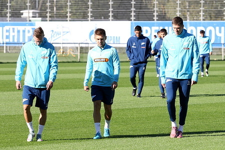 Maksim Glushenkov (L), Yuri Gorshkov (C), Aleksandr Sobolev (R), of the Zenit football club seen during the open training at the Zenit FC training base in Saint Petersburg before the Zenit Saint Petersburg - Orenburg football match, Russian Premier League, which will be held in Saint-Petersburg, Gazprom Arena.