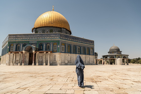 A Muslim worshipper walks towards the Dome of the Rock. The Al Aqsa Mosque compound, also known as Haram al-Sharif or Temple Mount, is a holy site for Christianity, Judaism, and Islam. It includes the Al Aqsa Mosque and the Dome of the Rock. Visitors can tour the compound and the mosque, except for the Dome of the Rock. The Temple Mount is closed to visitors on Fridays, Saturdays, and Muslim holidays, with limited access during Ramadan. Tourist visits are restricted to a few hours per day, and Israeli soldiers monitor the area.