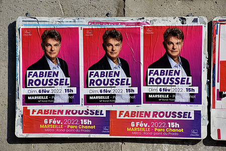 Campaign posters of Fabien Roussel candidate for the French presidential elections of 2022 are seen on display ahead of the elections