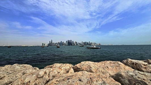 City skyline with skyscrapers in the water district of Doha, the capital of Qatar in the Persian Gulf state.