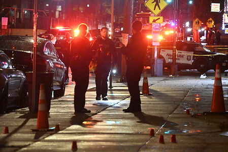 Newark Police work at the scene of a reported mass shooting with multiple victims and multiple fatalities in the area of Chancellor Avenue and Leslie Street in Newark. Saturday evening after 7:00 PM numerous people were reportedly shot in the area with multiple individuals being pronounced dead. Governor Phil Murphy of New Jersey says that multiple victims were shot and killed including a child. Numerous shell casings lined the area where the mass shooting took place.