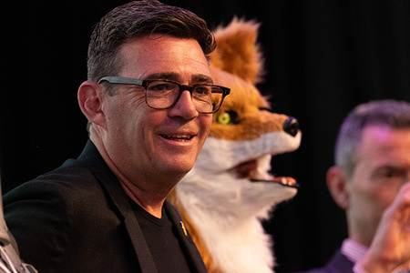 Newly elected member of Parliament Andy Burnham delivers his victory speech at the Edge early Friday morning following a high-stakes battle for the Makerfield constituency.