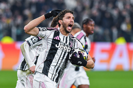 Manuel Locatelli of Juventus FC celebrates after scoring a goal during UEFA Champions League 2025/26 League Knockout Play-off Second Leg football match between Juventus FC and Galatasaray A.S. at Allianz Stadium in Turin Juventus FC 3 -2 Galatasaray A.S
