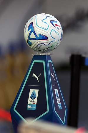 The official Serie A ball seen placed on the pedestal before 2026/2027 Italian Serie A Campionato Enilive match between Frosinone Calcio and Juventus FC at the Benito Stirpe stadium. Final score; Frosinone 0 : 1 Juventus