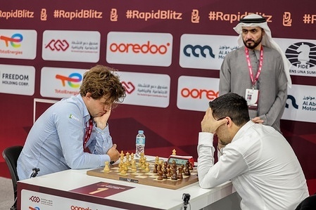 Competitors at their tables during the 2025 World Rapid and Blitz Chess Championships, organized by the International Chess Federation (FIDE), at the Sports and Events Complex in Qatar University.
