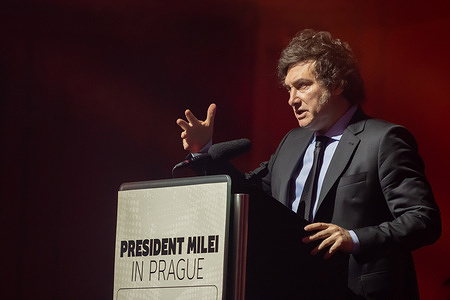 President of Argentina Javier Milei speaks on the topic, 'How about an inefficient government' during a press conference in Prague. President of Argentina Javier Milei is on his official visit to the Czech Republic.