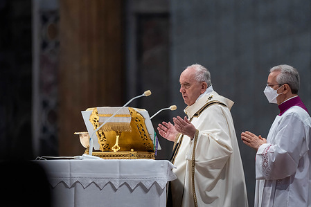 Pope Francis seen during the Consecration as part of Chrism Mass at St. Peter's Basilica in Vatican City. The Chrism Mass is one of the most important liturgies in the Christian calendar. Ancient Christian Apostolic records (c. 200 A.D.) describe "ceremony taking place during the Easter Vigil at which two holy oils were blessed and one was consecrated."
