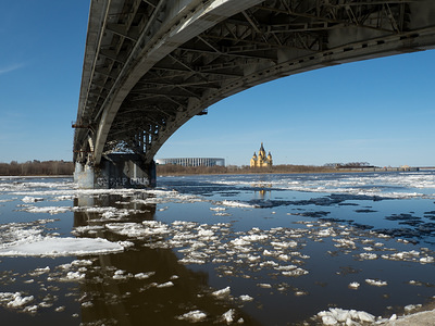 Spring ice seen drifting on the Oka river as the starting to melt after the winter.