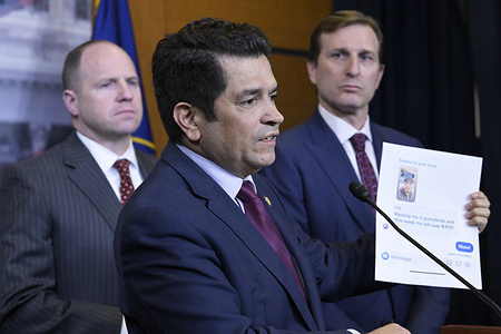 US Congressman Jimmy Gomez(D-CA) speaks during a press conference, about Lowering Cost for working families at HVC/Capitol Hill in Washington.
