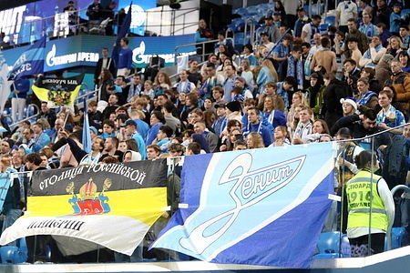 Fans of Zenit seen in action during the Russian Premier League football match between Zenit Saint Petersburg and Akron Tolyatti at Gazprom Arena. Final score; Zenit 2:0 Akron.