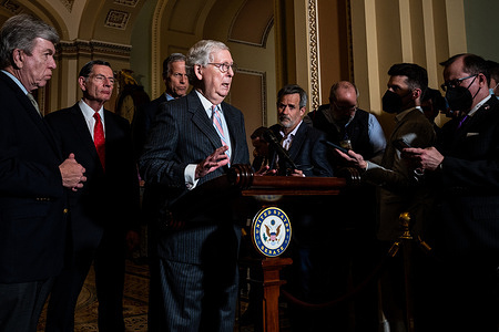 Senate Minority Leader Mitch McConnell (R-KY) speaks at a press conference of the Senate Republican caucus leadership.