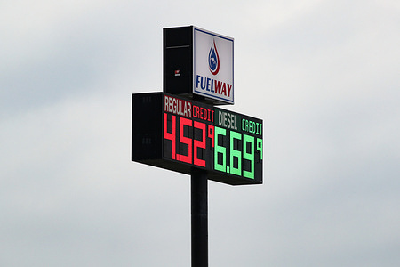 Prices for gasoline and diesel are displayed on a sign at a Fuelway station. High prices for diesel fuel and gasoline are displayed at gas stations at the Mifflinville exit of Interstate 80 in central Pennsylvania.