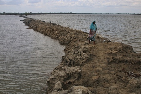A woman walks on a flooded footpath during the aftermath of the extremely severe cyclonic storm Amphan.
Thousands of shrimp enclosures have been washed away, while numerous thatched house, trees, electricity and telephone poles, dykes and croplands were damaged and many villages were submerged by the tidal surge of the Amphan in Satkhira District.