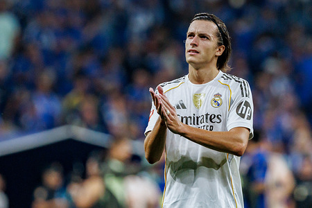 Alvaro Carreras (Real Madrid) seen in action during LaLiga EA SPORTS game between teams of Real Oviedo and Real Madrid FC at Carlos Tartiere Stadium Real Oviedo 0 - 3 Real Madrid