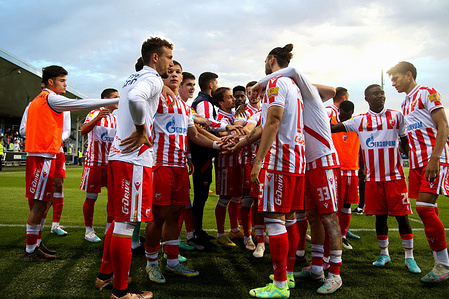 THe football players of FC Crvena Zvezda Belgrade attend the award ceremony of the international football club Paris Match Premier. Crvena Zvezda Football Club won the Paris Premier Cup international football tournament after the Crvena Zvezda - Fenerbahce Istanbul match, where Crvena Zvezda Belgrade football club won with a score of 3:1.