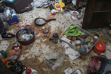 A view of the damaged kitchen ruined by the Israeli army during a raid on a house in Balata al-Balad, east of the West Bank city of Nablus. Israeli forces damaged the home of a man, wanted by the Israeli government.