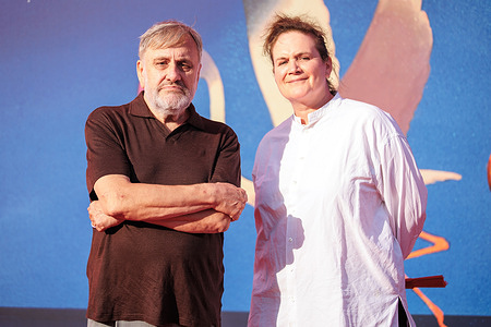 Philosopher Slavoj Zizek and Director Sophie Fiennes attend the red carpet of the film "The Pervert's Guide to Utopias" during the 83rd Venice International Film Festival at the Sala Giardino.