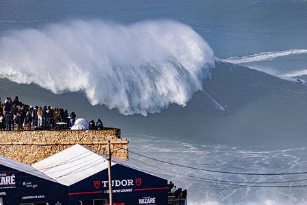 Brazilian big wave surfer Michelle des Bouillons rides a wave at Praia do Norte in Nazare, Portugal, during the TUDOR Nazare Big Wave Challenge. The event is part of the World Surf League (WSL) calendar for the 2025/26 season at Praia do Norte beach.