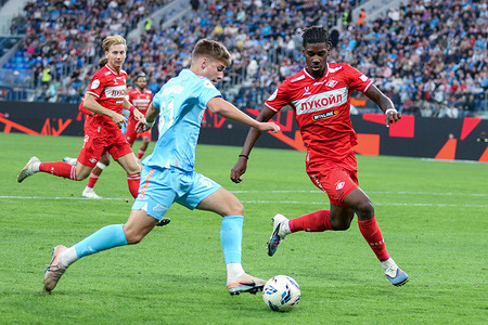 Christopher Wooh (3) of Spartak, Daniil Kondakov (61) of Zenit seen in action during the Russian Premier League football match between Zenit Saint Petersburg and Spartak Moscow at Gazprom Arena. Final score; Zenit 2:0 Spartak.