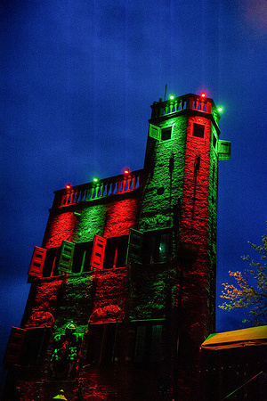 The Belvédère, a former watchtower is seen decorated with the colors of the football team NEC. Nijmegen turns red, green, and black (the colors of the football team "NEC Nijmegen"). In the city center, a huge screen was placed to broadcast the game taking place on Sunday, the 19th.