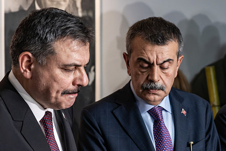Turkish Minister of Interior Mustafa Ciftci (L) and Minister of National Education Yusuf Tekin (R) are making a statement at Turgutlu State Hospital following the incident. Police maintained security measures around a high school in Turgutlu, in Turkey’s western Manisa province, following a shooting that left 11 people injured. The Turkish Interior Minister and Education Minister addressed the media following the incident.