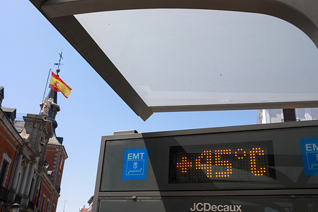 A thermometer reads 45 degrees Celsius in the centre of Madrid. Spain is suffering from successive heat waves these days.