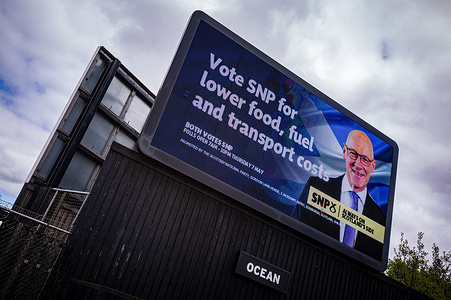 A billboard promoting the governing Scottish National Party (SNP) is seen on the road. A collection of illustrative photographs made before the Scottish Parliamentary elections. On the 7th May 2026, voters in Scotland will choose their next government in an election that is being seen as the firing of a starting pistol for a renewed push for Scottish Independence. Current polls show the Independence-supporting parties, the SNP and the Greens will form a majority bloc. In the event of their victory, the SNP state that on day one, they will table a motion to schedule a future independence referendum.
