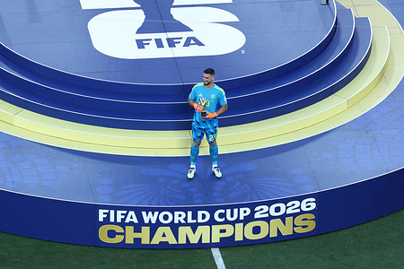 Unai Simón of Spain seen posing with the golden glove ward after winning Argentina during the FIFA 2026 World Cup at MetLife Stadium. Final Score; Spain 1 : 0 Argentina.