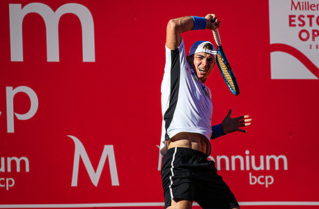 Timofey Skatov of Kazakhstan plays against Pedro Sousa of Portugal during the qualifying of the Millennium Estoril Open tournament at CTE- Clube de Ténis do Estoril. Final score; Pedro Sousa 2:0 Timofey Skatov.