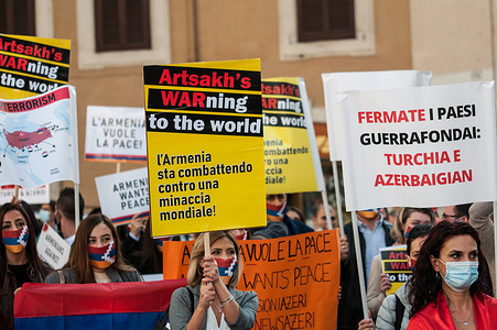 Demonstrators wearing facemasks are seen displaying placards during the demonstrations at the garrison of the Armenian community.
Demonstration at the garrison of the Armenian community in support of Armenia in the ongoing conflict against Azerbaijan in Nagorno-Karabakh following the armed clashes that erupted on 27 September 2020 in the simmering territorial conflict between Azerbaijan and Armenia over the Nagorno-Karabakh territory (named Artsakh in Armenian.