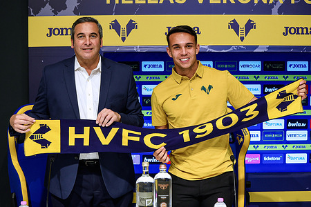 Italo Zanzi Executive Chairman of Hellas Verona FC and Giovane Santana do Nascimento take part during a press conference for the presentation of Giovane Santana as a new player of Hellas Verona, at Hellas Verona headquarters.