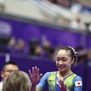Japanese gymnast Mana Okamura, competes during the Women’s Artistic Gymnastics Team Final at the 20th Asian Games Aichi-Nagoya 2026 in Japan.