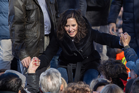 Isabel Díaz Ayuso, President of the Community of Madrid, is seen during the demonstration. People's Party (PP) organized a protest against the socialist government of Pedro Sánchez, which has been affected in recent weeks by the arrest of some of his former collaborators on corruption charges.