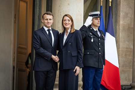 Emmanuel Macron (L), the French President welcomes Roberta Metsola (R), the President of the European Parliament at the Elysee Palace. The French President Emmanuel Macron met with the President of the European Parliament Roberta Metsola at the Elysee Presidential Palace.