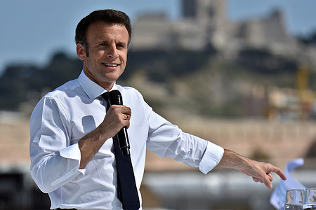 Emmanuel Macron delivers a speech during his political meeting in Marseille. French President Emmanuel Macron candidate for the presidential election of the "La Republique En Marche" (LREM) had a public meeting in Marseille. The second round of the French presidential election is due to take place on April 24.