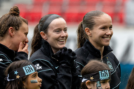 Rose Lavelle (16) and Guro Reiten (18) of NJ/NY Gotham FC seen smiling before the match with Bay FC at Sports Illustrated Stadium. Final Score; Bay FC 0 : 3 Gotham FC.