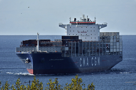 General view of the CMA CGM Harmony arriving in Marseille. The container ship Harmony of the company CMA CGM arrives at the French Mediterranean port of Marseille.