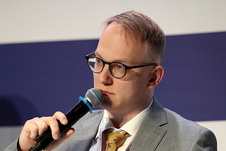 Yan Cherepanov, Head of the Analytical Department of the Association for the Development of Renewable Energy seen during the session Transitional Climate Risks 2.0: from West to East at The new stage of the Alexandrinsky Theater.