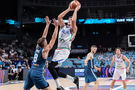 Danilo Gallinari of Italy (R) and Edo Muric (L) of Slovenia seen in action during the round of 16 phase of the FIBA EuroBasket 2025 between Slovenia and Italy at Arena Riga. Final score Slovenia 84 : 77 Italy.